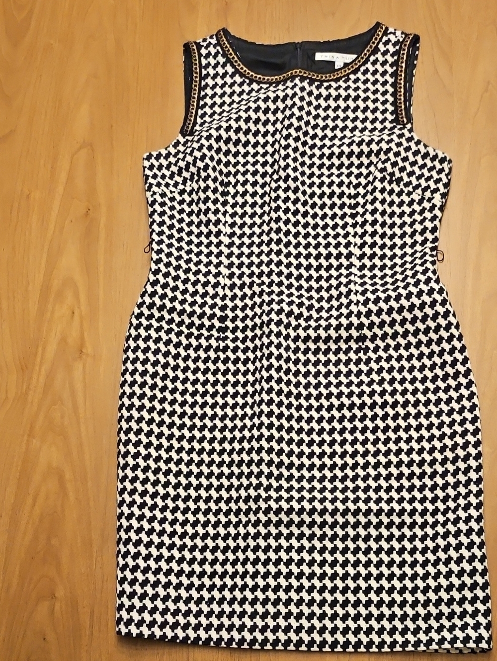 Trina Turk Black and White Sleeveless Houndstooth Sheath Dress with Chain Trim